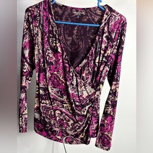 Coldwater Creek Wrap Deep V-neck Stretch Sexy Pink Paisley Purple Tan XS